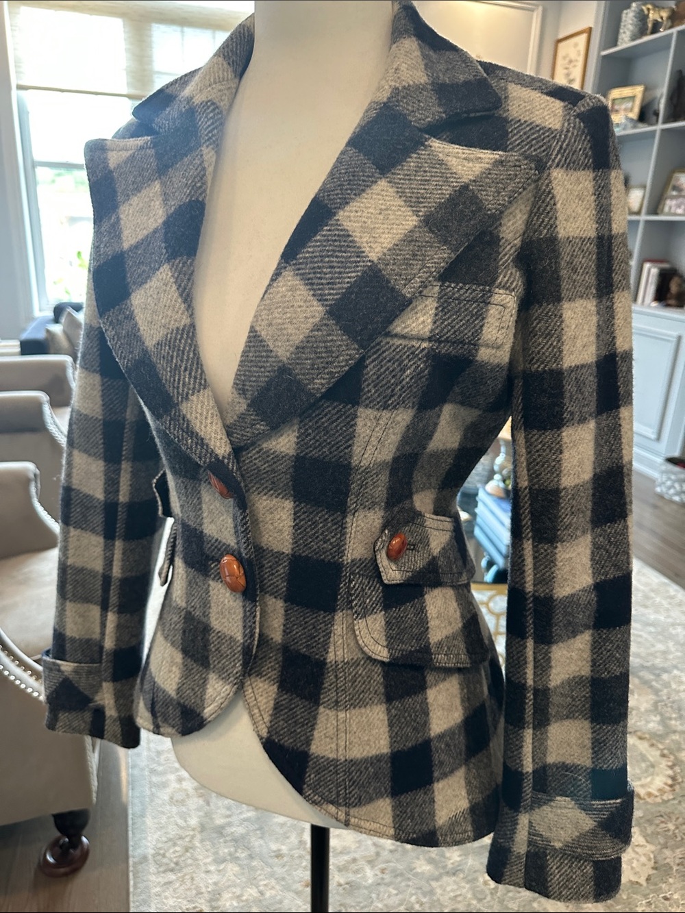 Smythe equestrian Cream and Navy Plaid Wool-Blend Blazer - Picture 10 of 13